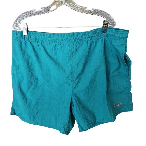 Vtg 80-90s OP Ocean Pacific Swim Trunks Shorts M Surf Spellout‎ Turquoise Flaw - Picture 2 of 12